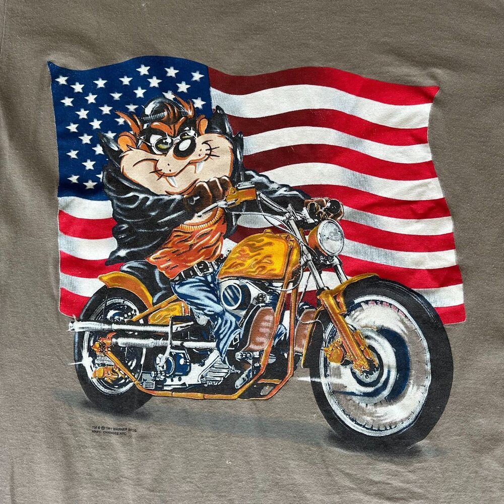 Vintage 90s Tasmanian Devil Motorcycle T Shirt US Flag Taz Biker Looney Tunes 2X